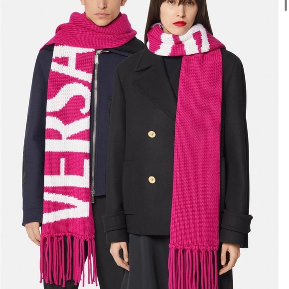 AUTHENTIC Versace Logo Wool Intarsia Fuchsia Scarf - Picture 5 of 6